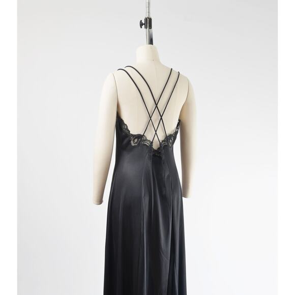 Vintage 80s Black Slip Sheer Lace Long Maxi Length Lingerie Dress M L - Picture 7 of 8